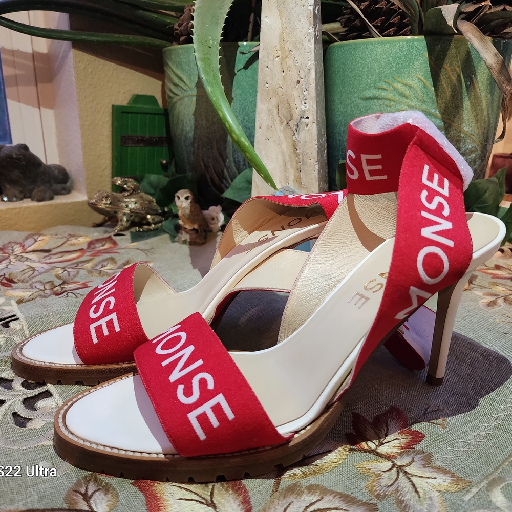 NWOT MONSE Red and White High Heels with Ankle Strap